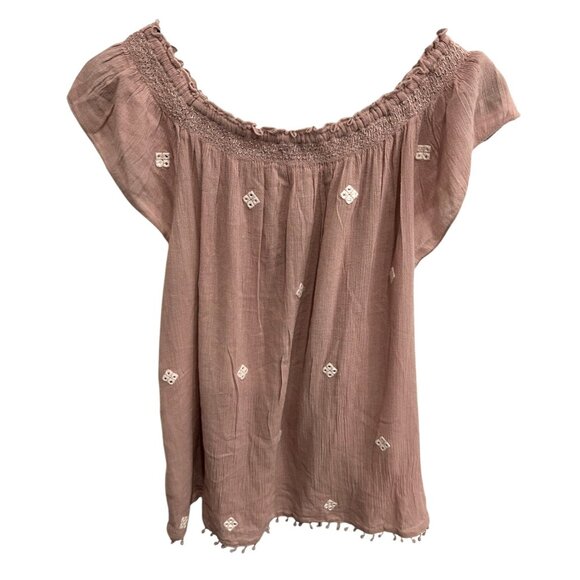 American Eagle Outfitters Mauve Off Shoulder Embroidered Boho Baby Doll Top Sz M - Picture 2 of 11